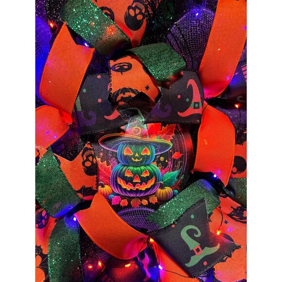 Pre Lit Halloween Wreath Glowing Pumpkin  Light Up 24 Inch Handmade Deco Mesh - Picture 5 of 10